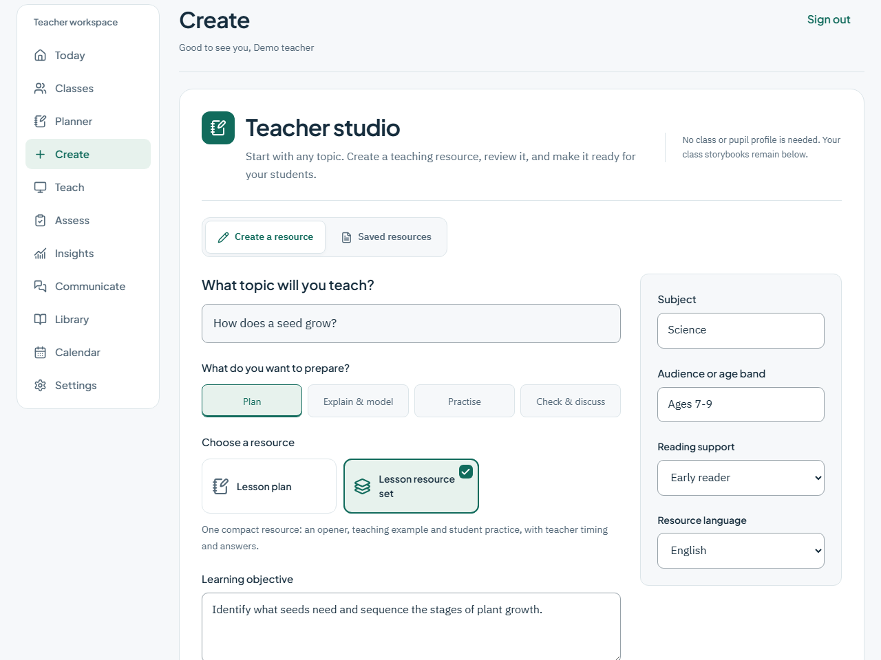 Teacher Studio preview: prepare teaching resources from editable templates.